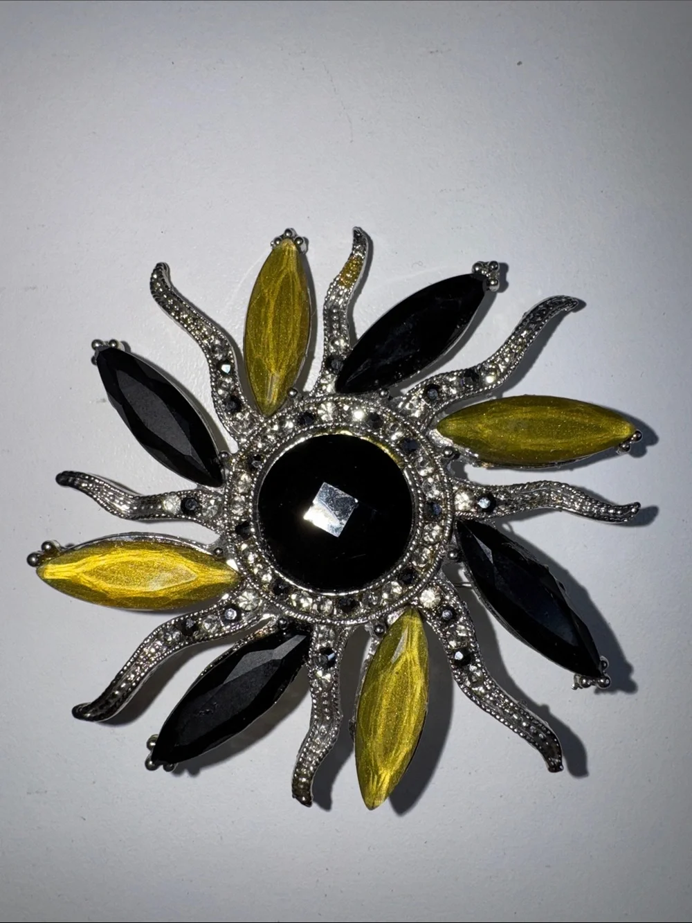 Vintage Style Black Yellow Crystal Sunburst Brooch Silver Tone Statement Pin